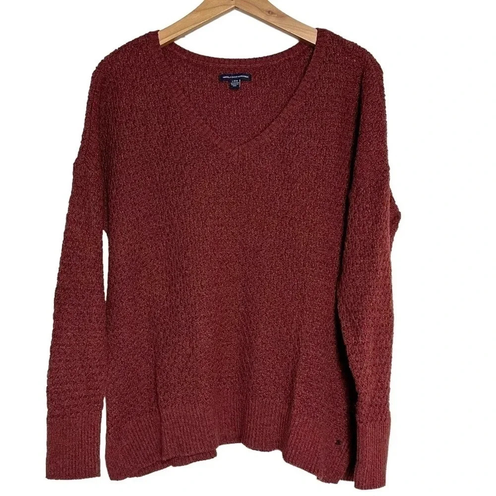 American Eagle V-Neck Sweater Size L Rust Red Textured Knit Long Sleeve Pullover